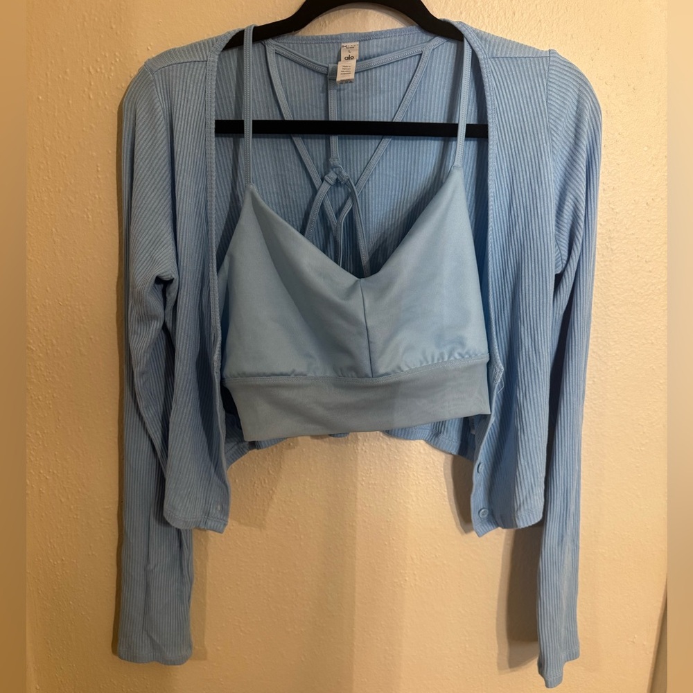 Light Blue Ribbed Cardigan and Crop Top Set